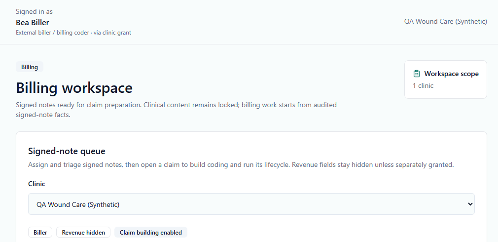 KuraNotes QA build billing workspace for an external biller working through a scoped clinic grant, with revenue hidden. Synthetic clinic data, no real patient records.