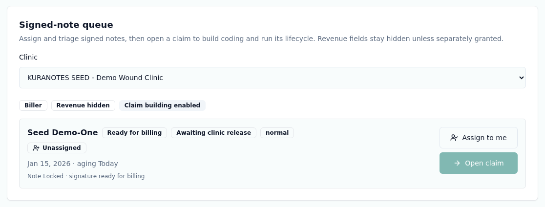 KuraNotes staging signed-note queue row: a locked note marked ready for billing, awaiting clinic release, with revenue fields hidden. Synthetic clinic data, no real patient records.