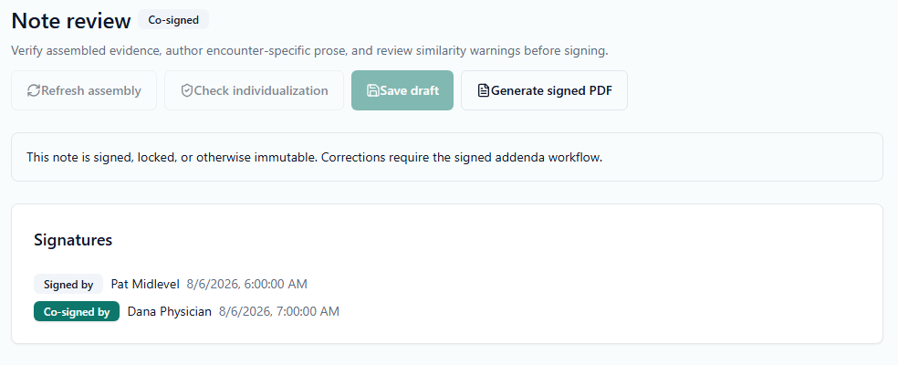 KuraNotes QA build note review showing a co-signed note: signed by the authoring clinician and co-signed by the supervising physician. Synthetic clinic data, no real patient records.