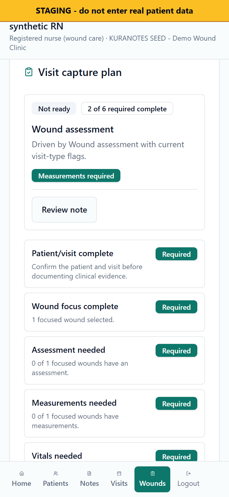 KuraNotes staging /wounds on a 390-pixel phone viewport: visit capture plan checklist showing required wound assessment items. Synthetic clinic data, no real patient records.