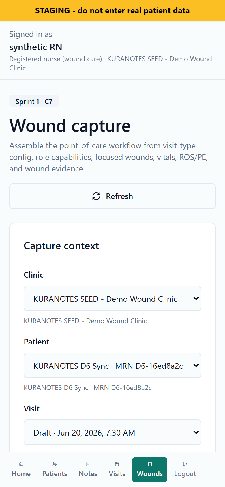 KuraNotes staging /wounds on a 390-pixel phone viewport: capture context with synthetic clinic, patient, and draft visit selected. Synthetic clinic data, no real patient records.