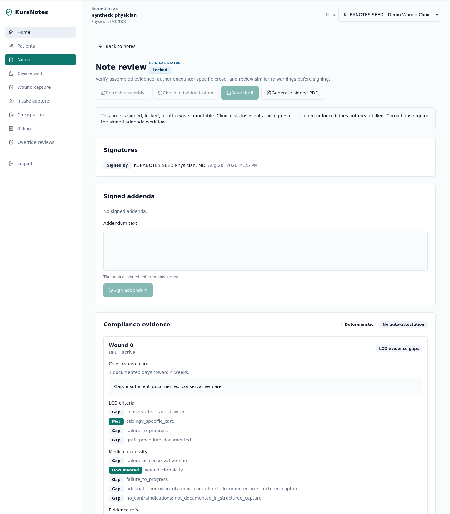 KuraNotes staging locked note review on synthetic clinic data. No real patient records.