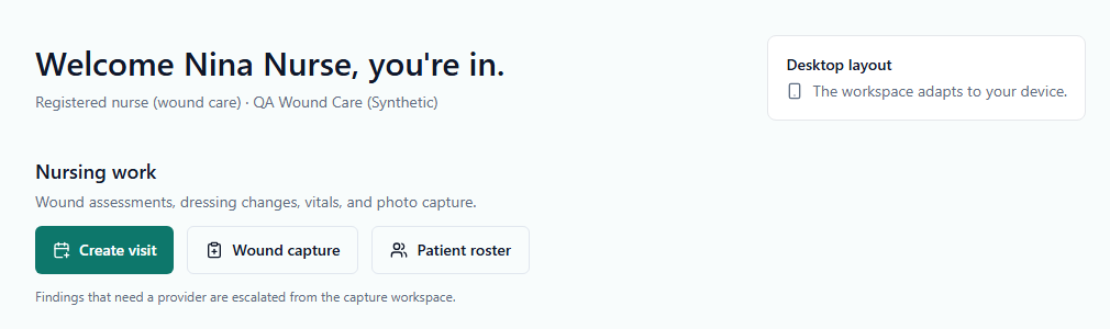 KuraNotes QA build registered-nurse home surface offering visit creation, wound capture, and the patient roster. Synthetic clinic data, no real patient records.