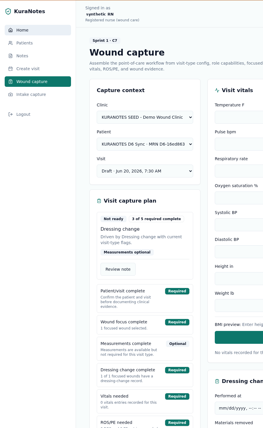KuraNotes staging /wounds wound and photo capture on synthetic clinic data. No real patient records.